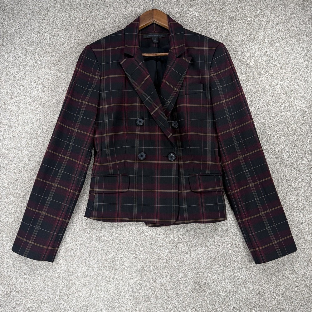 Express Design Plaid Cropped Blazer Sz 6 Burgundy Black Y2K Double Breasted